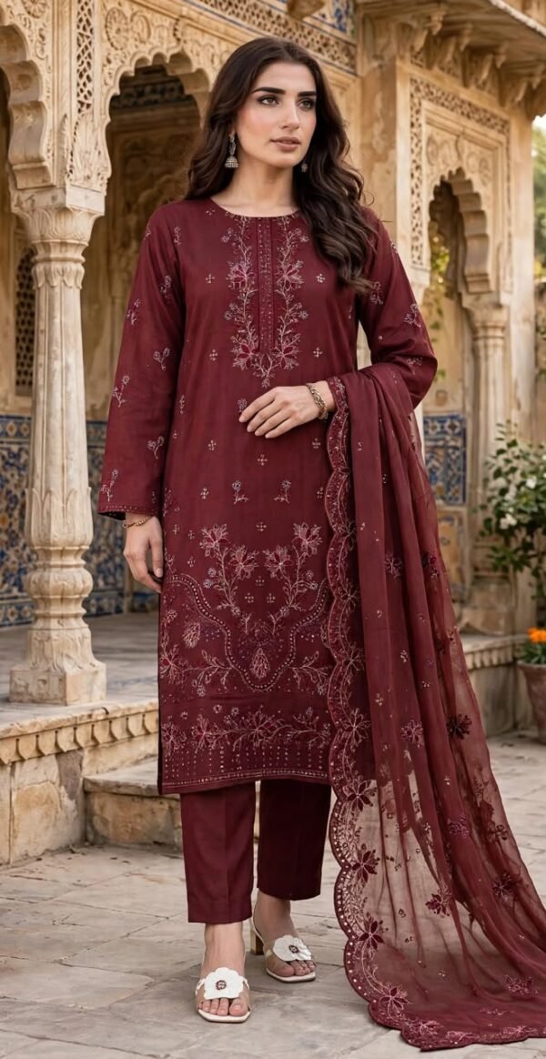 SLUB VISCOSE BOARING 3PC RUKHAY E BAHAR EMBROIDERED SEQUIN BAMBER DUPATTA VOL-313-D-994