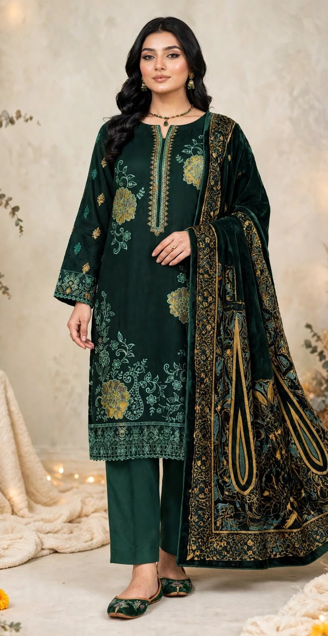 CHAMKI VELVET DHANAK 3PC CHAMBELI SEQUIN BORING EMBROIDEREY PALACHI SHAWL VOL-322-D-1043