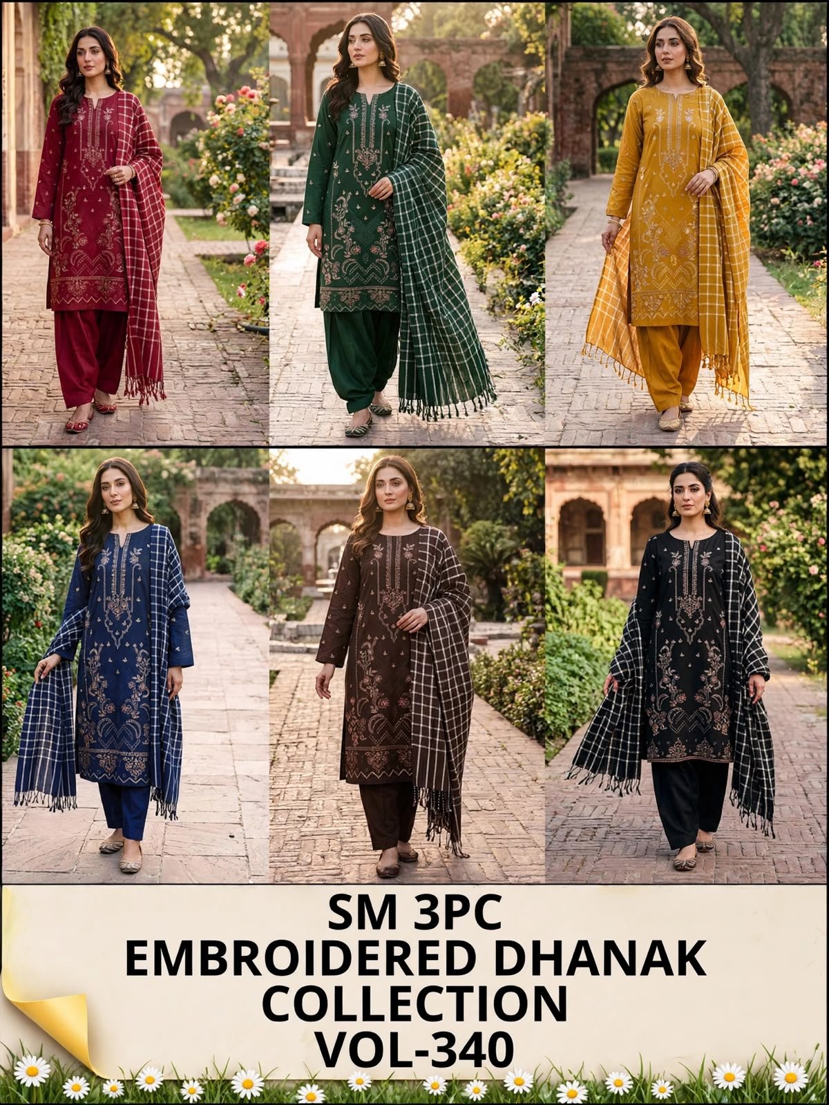 SM 3PC EMBROIDERED DHANAK PREMIUM CHECK WOOL SHAWL VOL-340-Set Of 06 Dresses