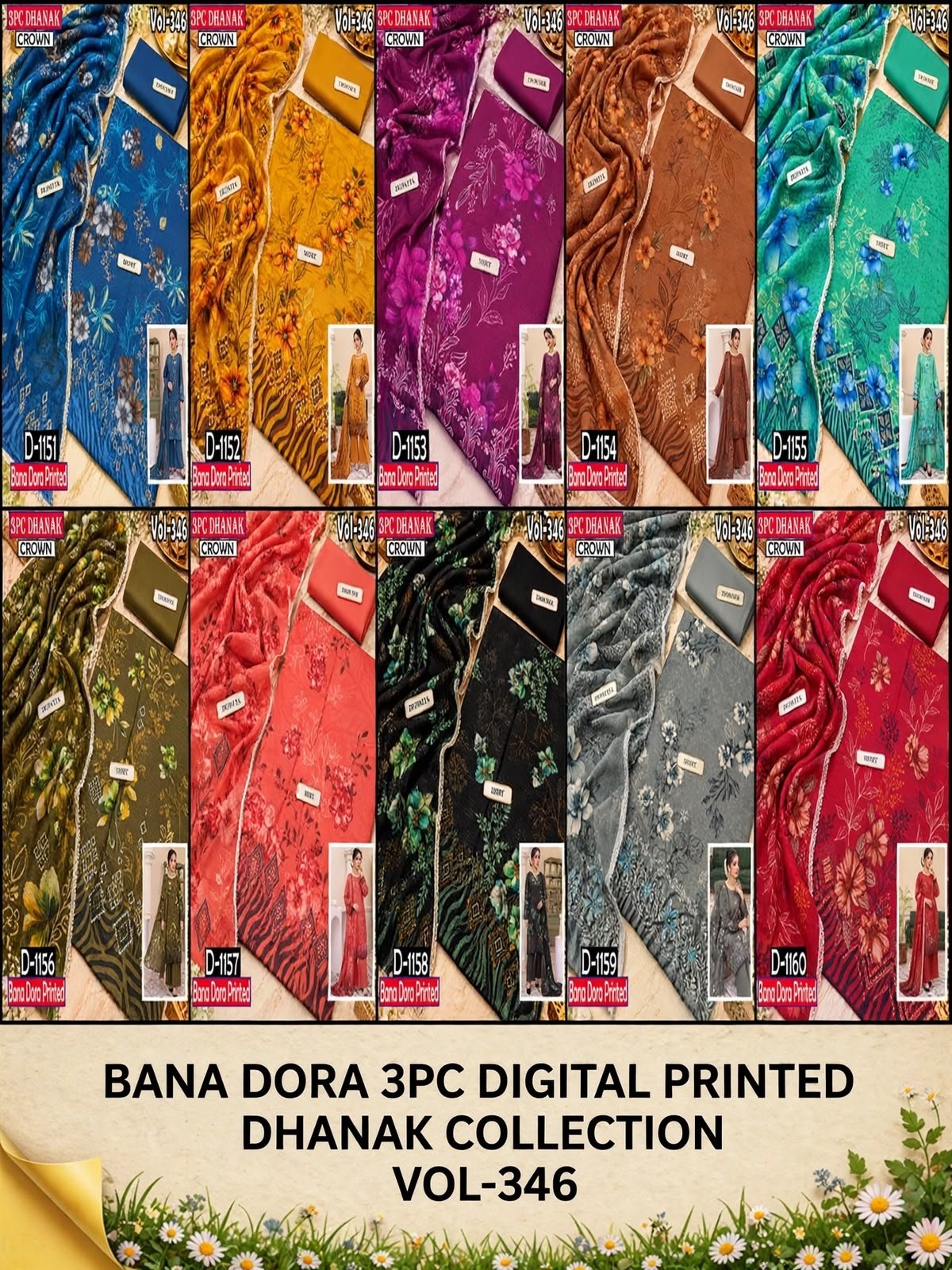BANA DORA DHANAK 3PC CROWN DIGITAL PRINTED WINTER VOL-346-Set Of 10 Dresses