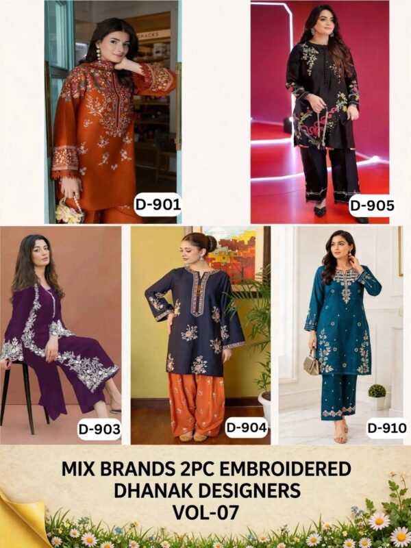 MIX BRANDS 2PC FULL EMBROIDERED DHANAK DESIGNER COLLECTION VOL-07-Set Of 05 Dresses