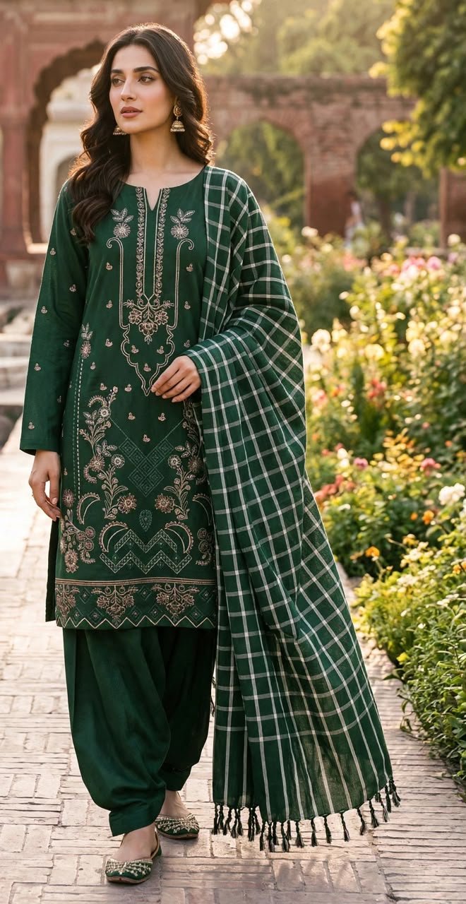 SM 3PC EMBROIDERED DHANAK PREMIUM CHECK WOOL SHAWL VOL-340-D-1122