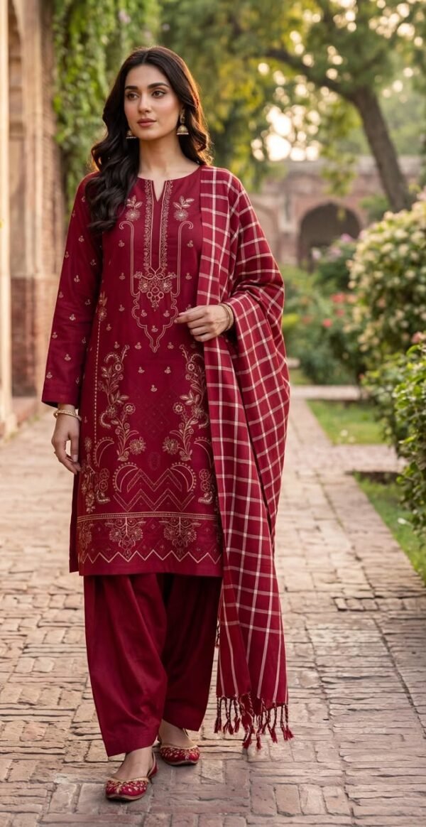 SM 3PC EMBROIDERED DHANAK PREMIUM CHECK WOOL SHAWL VOL-340-D-1121
