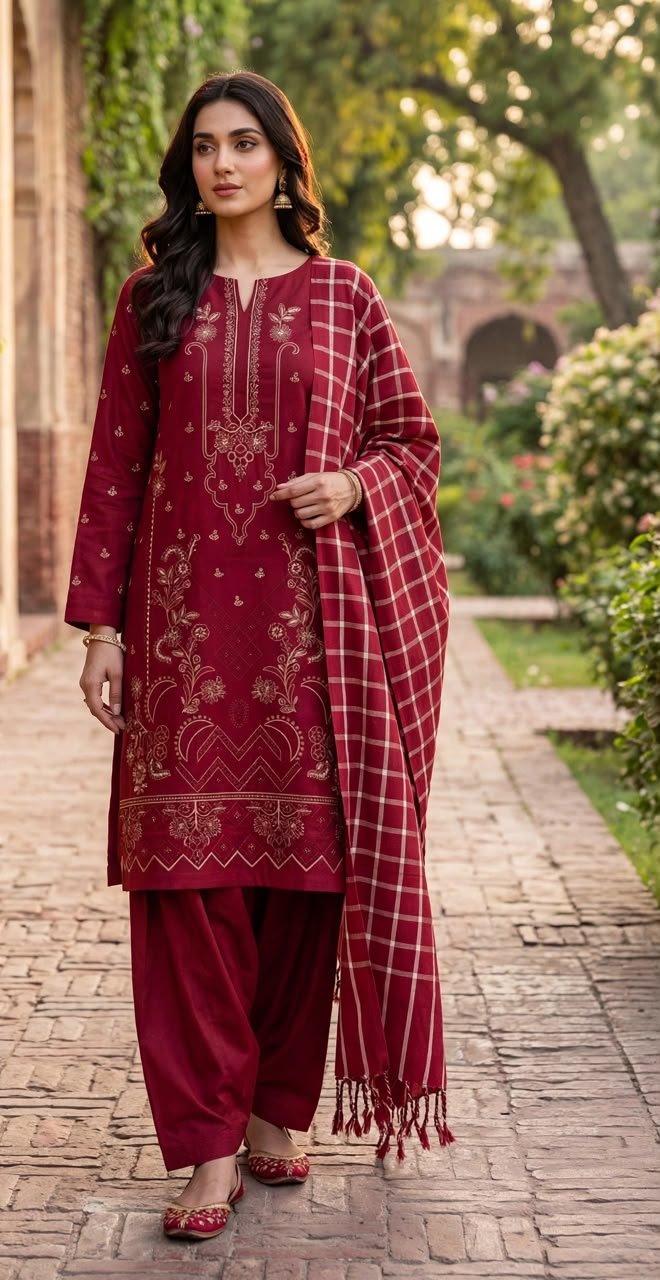 SM 3PC EMBROIDERED DHANAK PREMIUM CHECK WOOL SHAWL VOL-340-D-1121