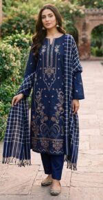 SM 3PC EMBROIDERED DHANAK PREMIUM CHECK WOOL SHAWL VOL-340-D-1124