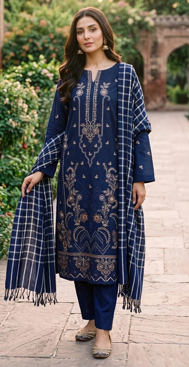 SM 3PC EMBROIDERED DHANAK PREMIUM CHECK WOOL SHAWL VOL-340-D-1124