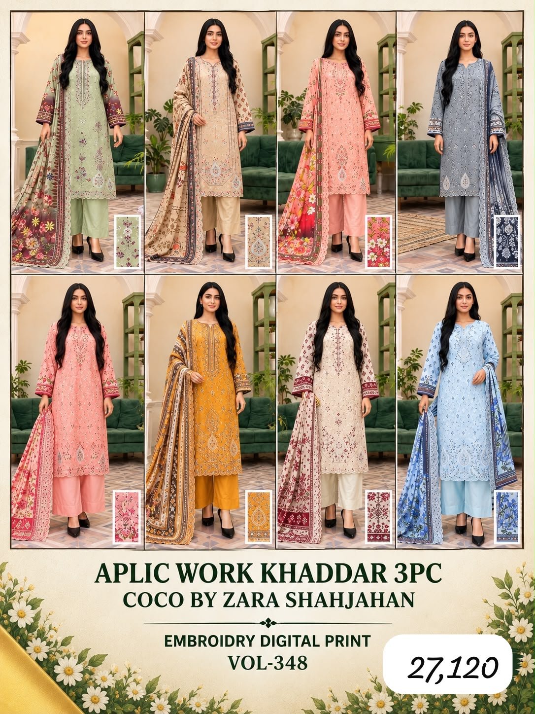 APLIC WORK KHADDAR 3PC COCO BY ZARA SHAHJAHAN EMBROIDRY DIGITAL PRINT VOL-348-Set Of 08 Dresses