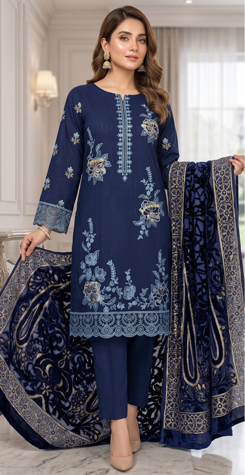 CHAMKI VELVET DHANAK 3PC CHAMBELI SEQUIN BORING EMBROIDEREY PALACHI SHAWL VOL-322-D-1046