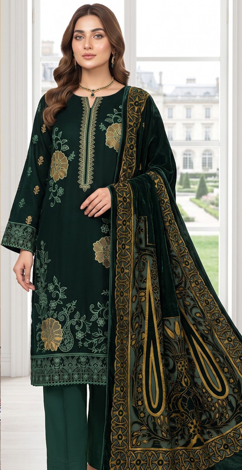 CHAMKI VELVET DHANAK 3PC CHAMBELI SEQUIN BORING EMBROIDEREY PALACHI SHAWL VOL-322-D-1044