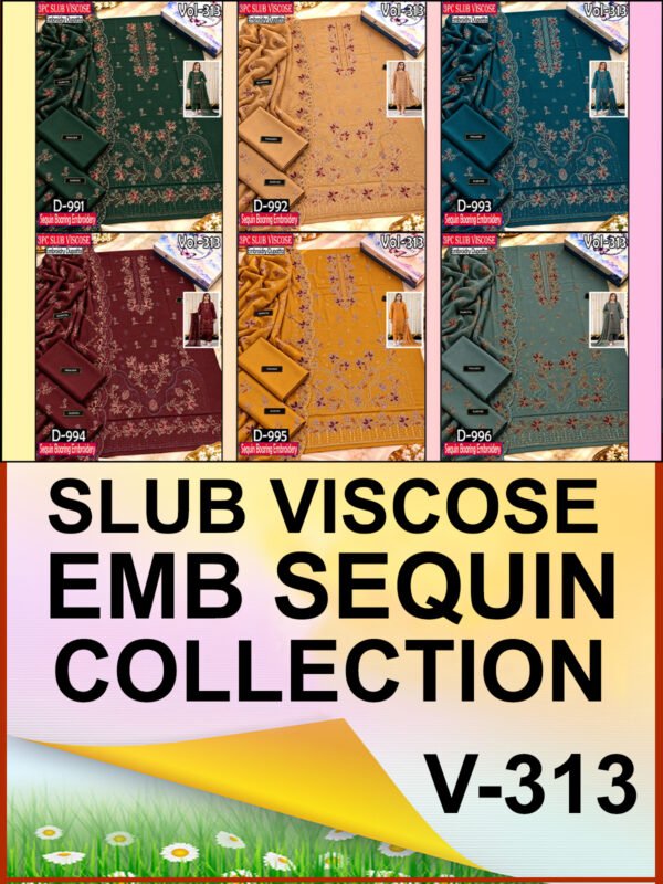 SLUB VISCOSE BOARING 3PC RUKHAY E BAHAR EMBROIDERED SEQUIN BAMBER DUPATTA VOL-313-Set Of 06 Dresses