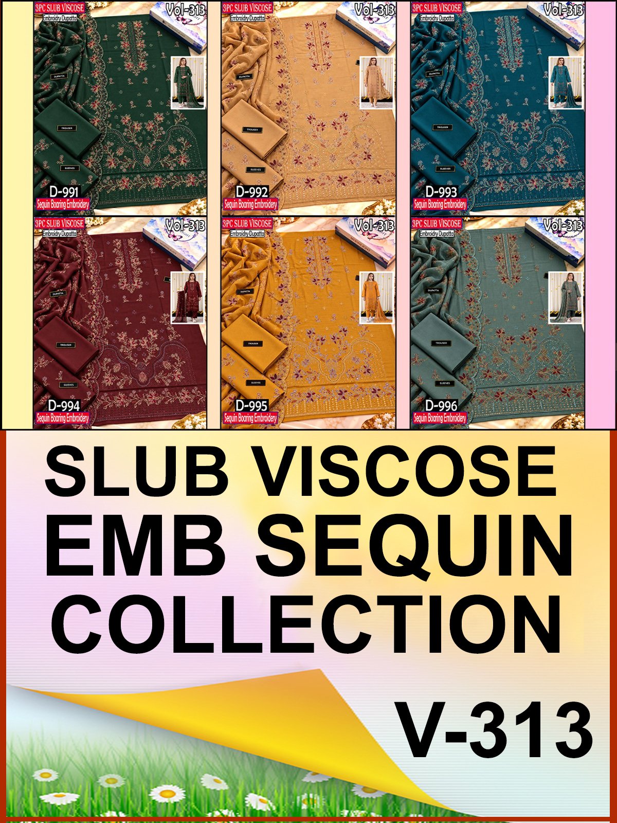 SLUB VISCOSE BOARING 3PC RUKHAY E BAHAR EMBROIDERED SEQUIN BAMBER DUPATTA VOL-313-Set Of 06 Dresses