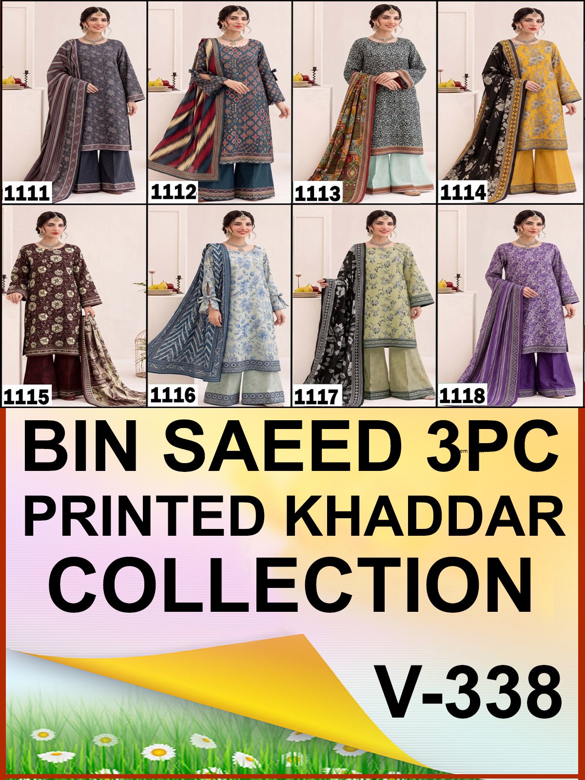 CAMBRIC KHADDAR 3PC BIN SAEED DIGITAL PRINTED WINTER VOL-338-Set Of 08 Dresses