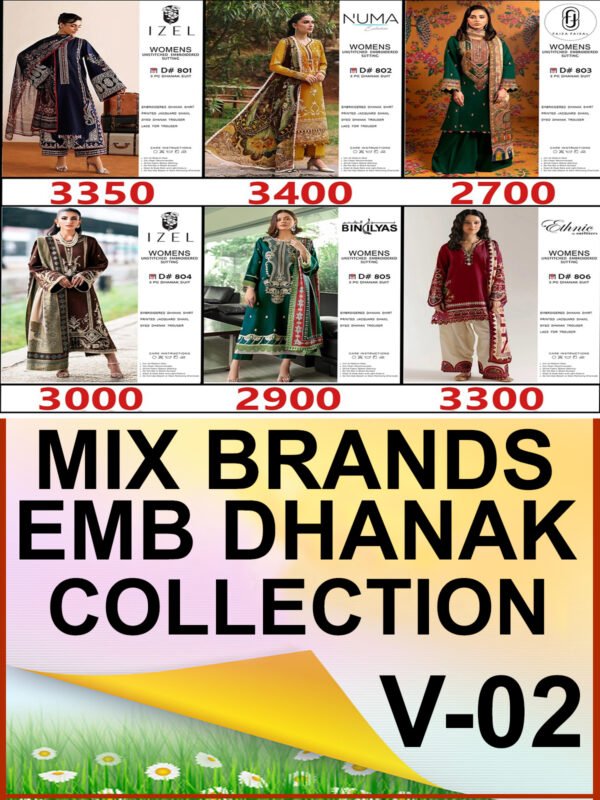 MIX BRANDS 3PC EMBROIDERED DHANAK DESIGNER COLLECTION VOL-02-Set Of 06 Dresses