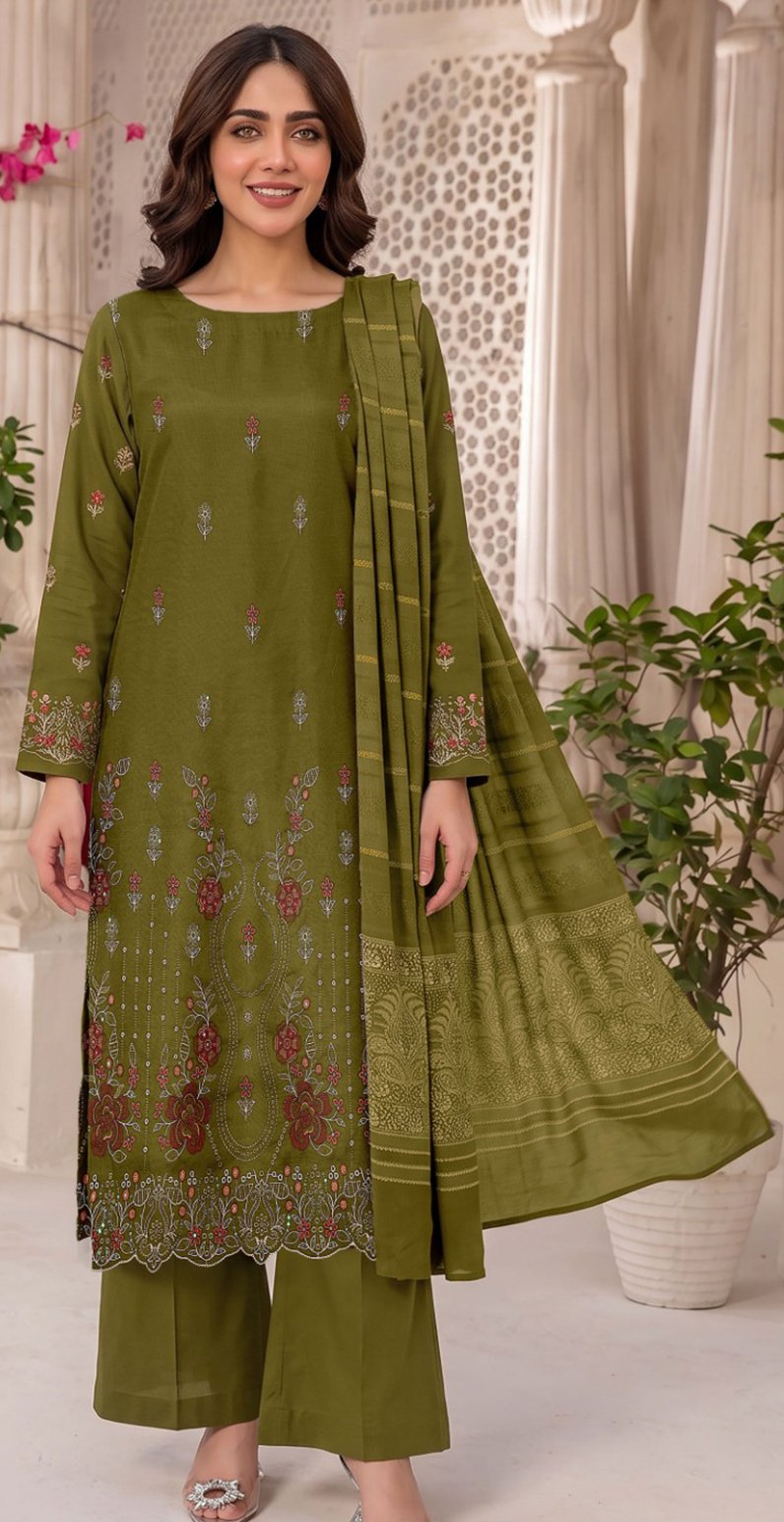 SLUB DHANAK 3PC RUKHAY SUKHAN SEQUIN BORING EMBROIDERED JACQUARD SHAWL VOL-303-D-932